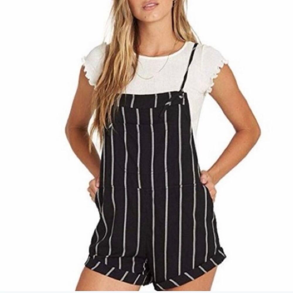 Billabong Wild Pursuit Black White Vertical Striped Short Overall Romper Size S